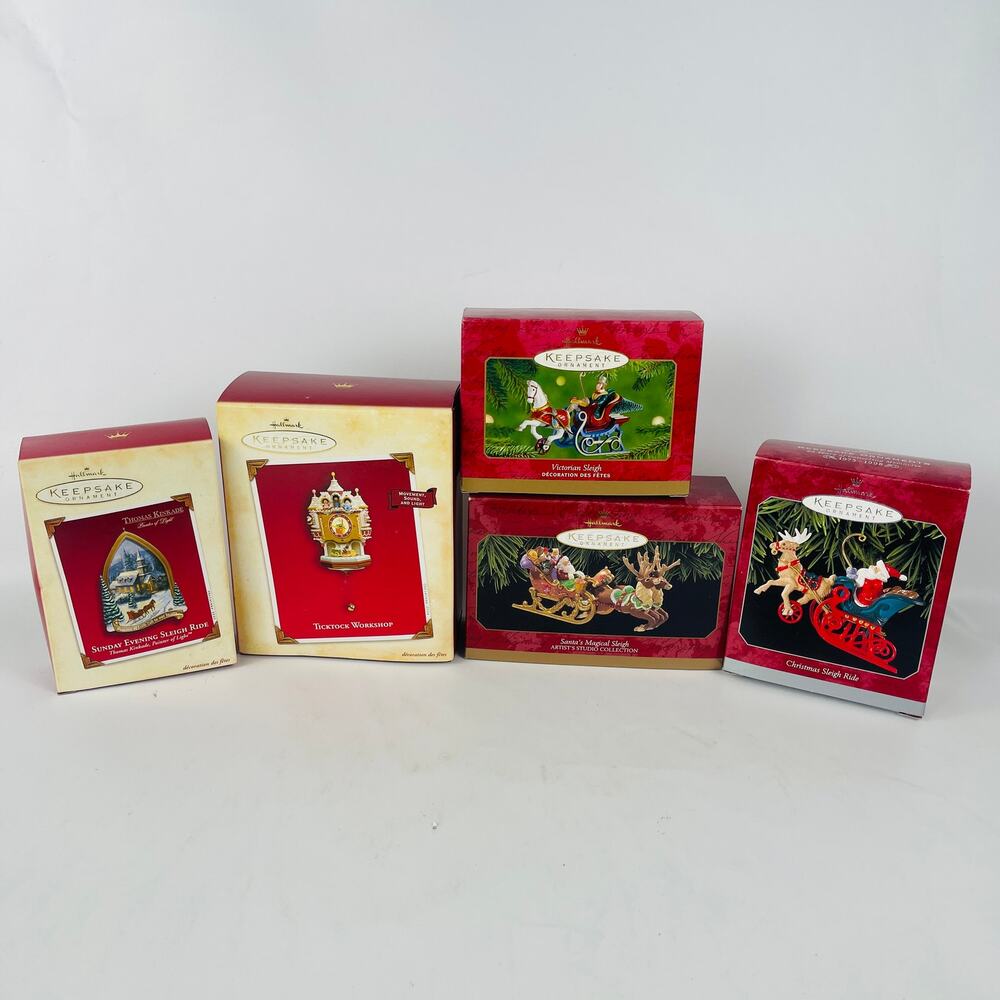 Hallmark Christmas Ornaments Santa Sleighs and Ticktock Workshop; Lot of 5